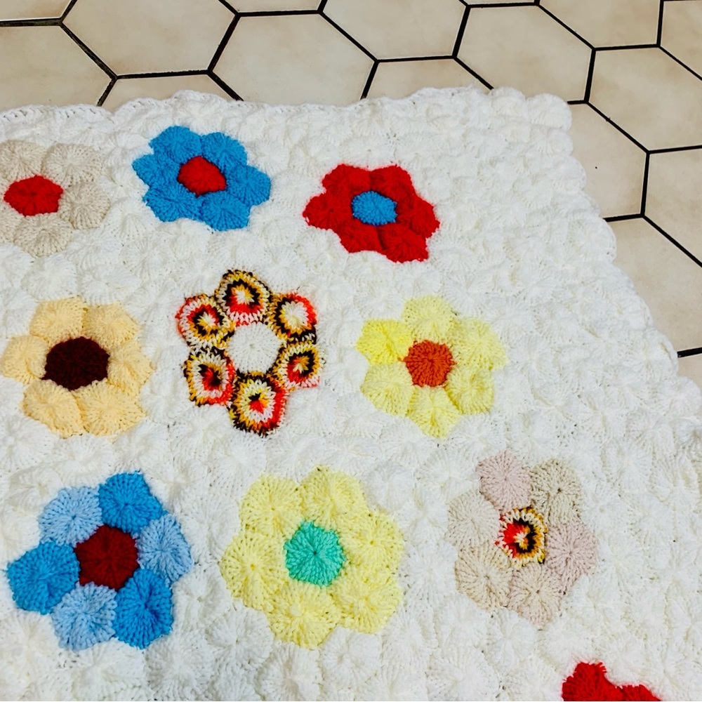 VINTAGE Flower Power Knit Rug White Patchwork | 1970s Boho Textile